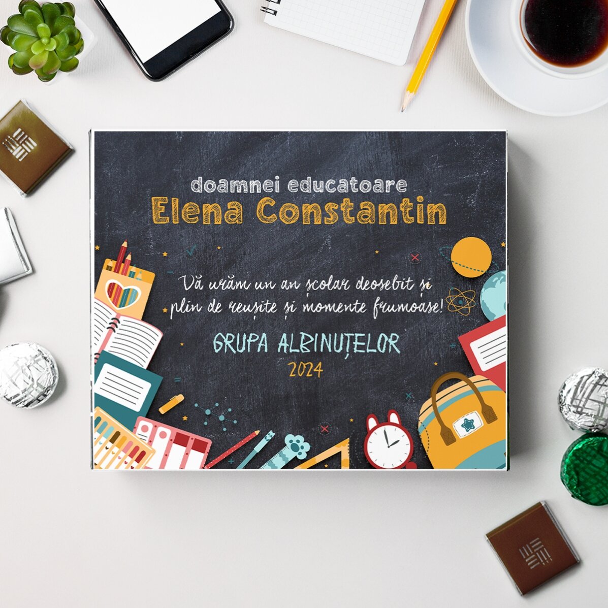 Cutie de bomboane personalizată cu mesaj pentru început de an pentru profesor