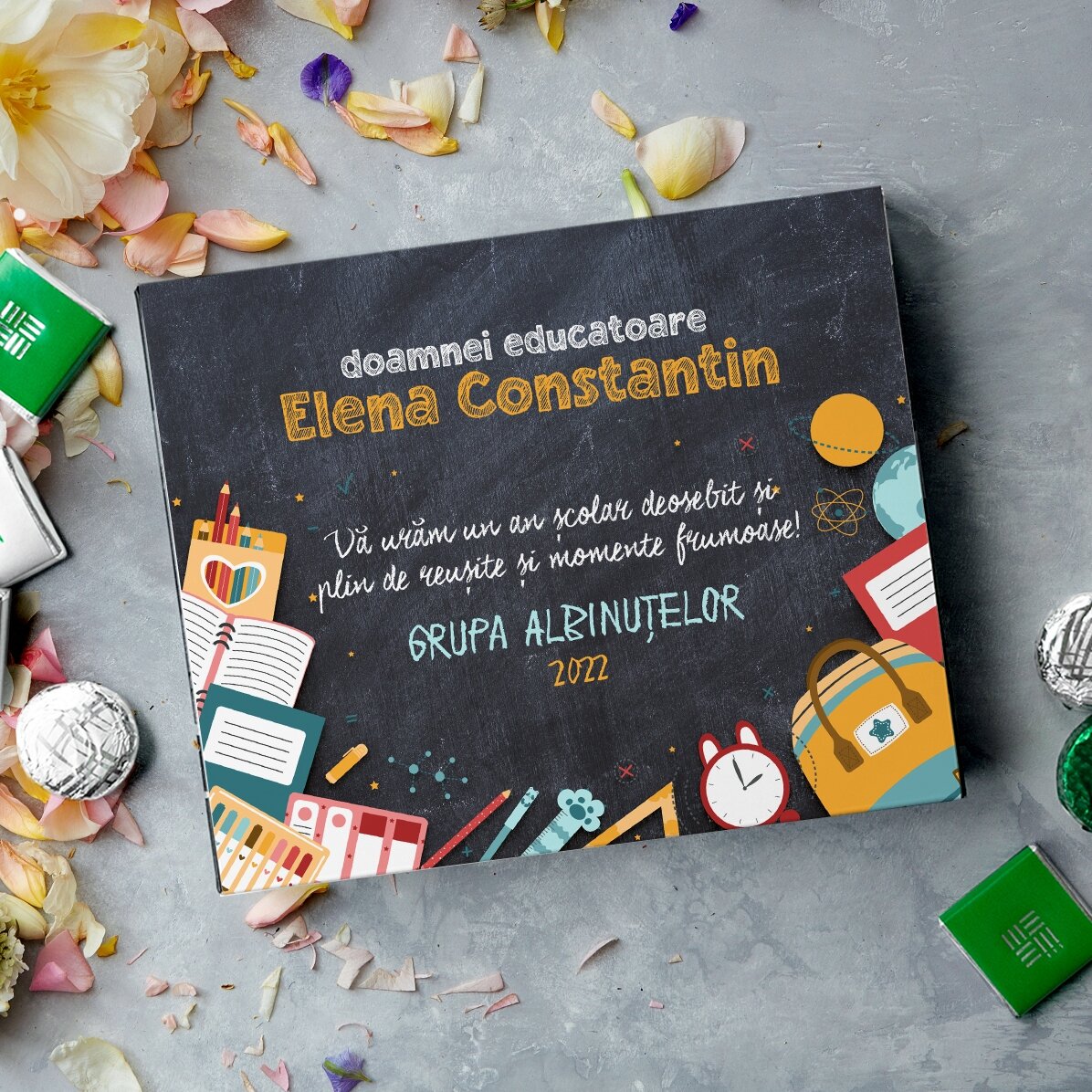 Cutie de bomboane personalizată cu mesaj pentru început de an pentru profesor