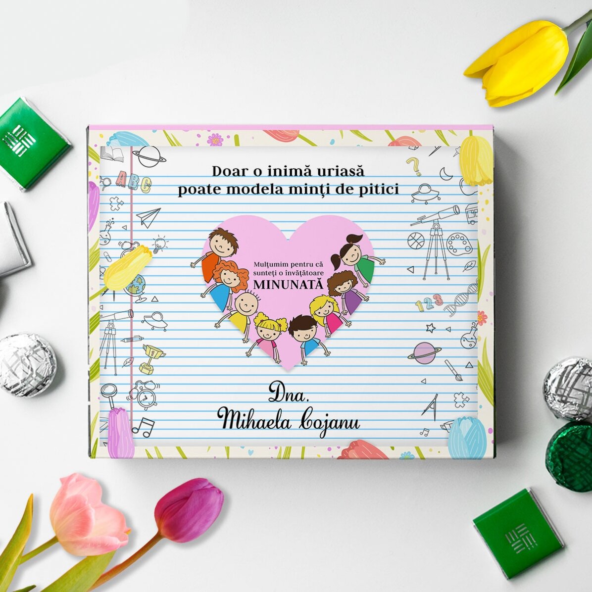 Cutie de bomboane personalizată cu mesaj pentru învățătoare - Inimă