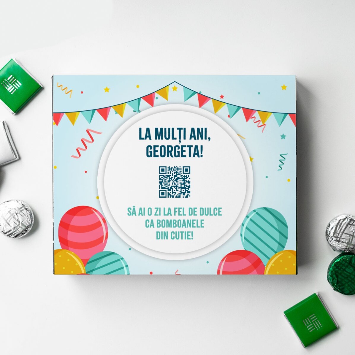 Cutie de bomboane personalizată cu mesaj și cod QR - La mulți ani!