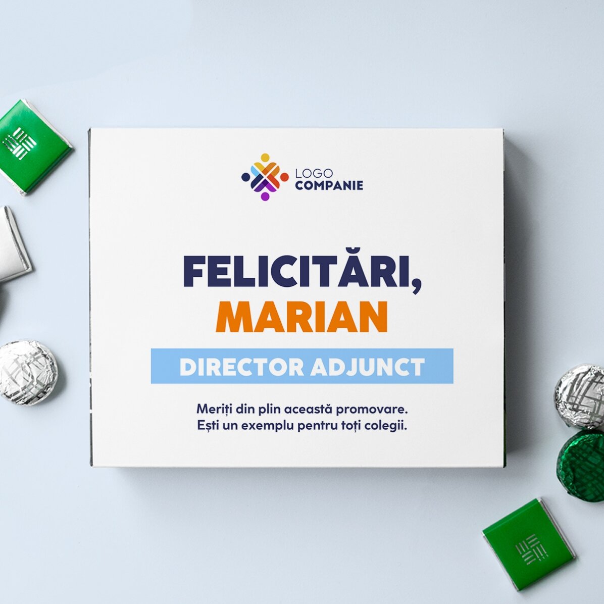 Cutie de bomboane personalizată cu mesaj și logo pentru angajați