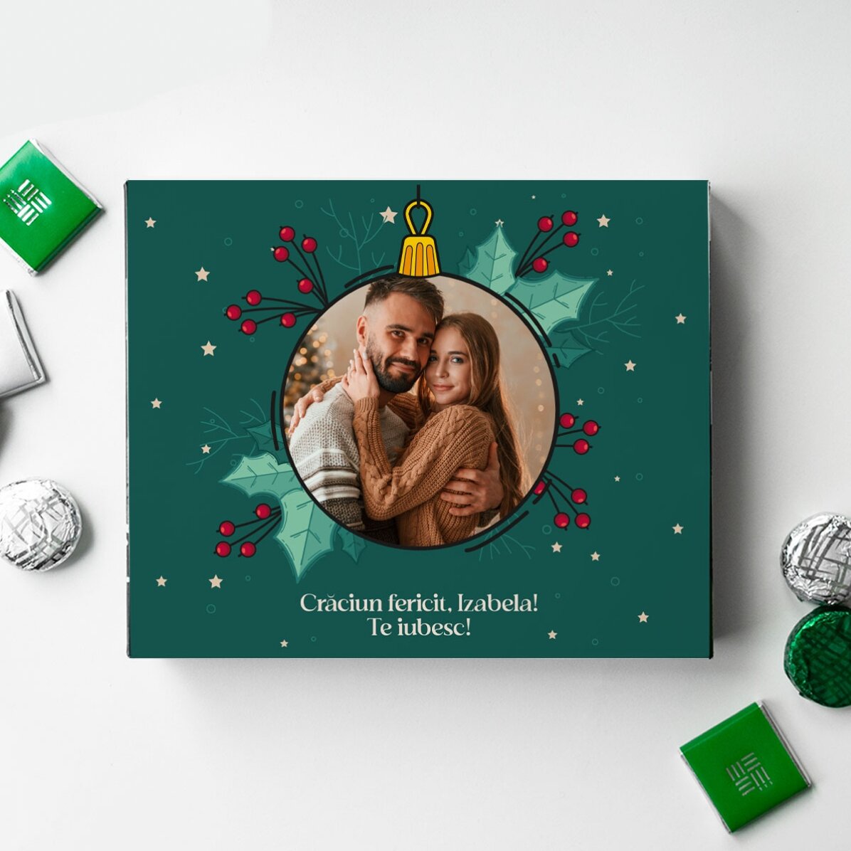 Cutie de bomboane personalizată cu o poză și text - Christmas