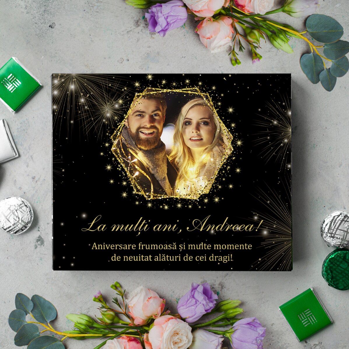 Cutie de bomboane personalizată cu o poză și text - Golden