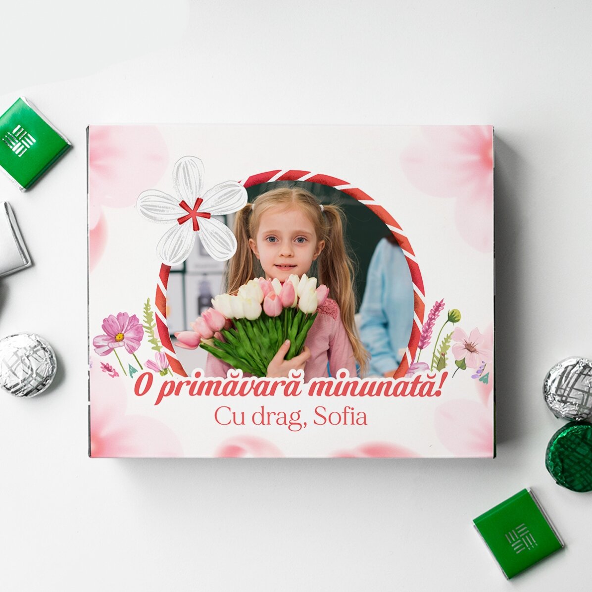 Cutie de bomboane personalizată cu poză și mesaj - Mărțișor dulce