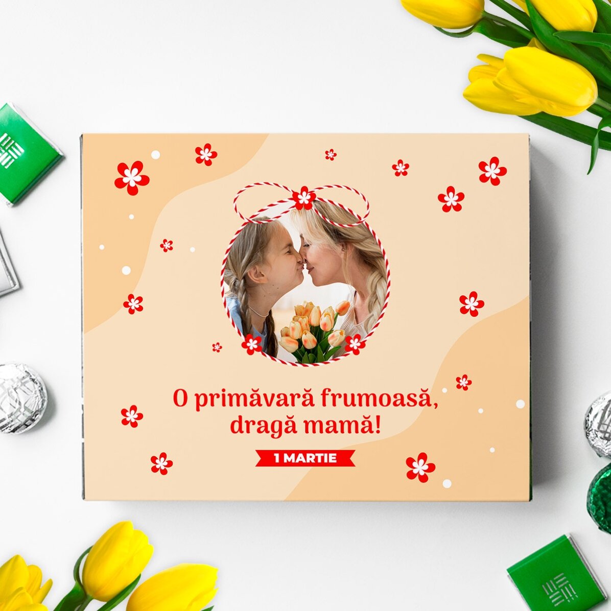 Cutie de bomboane personalizată cu poză și mesaj - Mărțișor