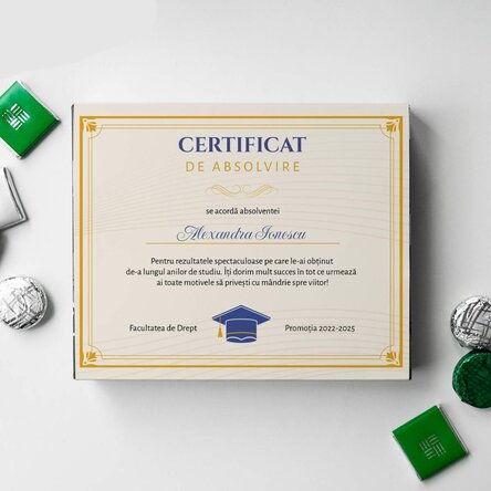 Cutie de bomboane personalizată cu text - Certificat de absolvire