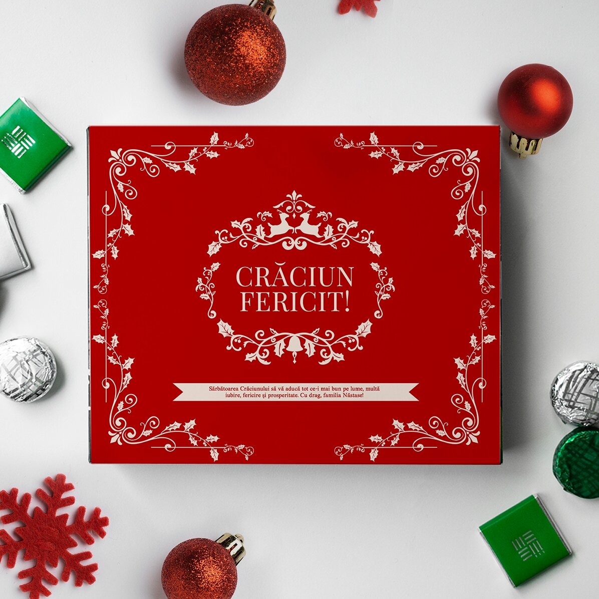 Cutie de bomboane personalizată cu text - Crăciun fericit!