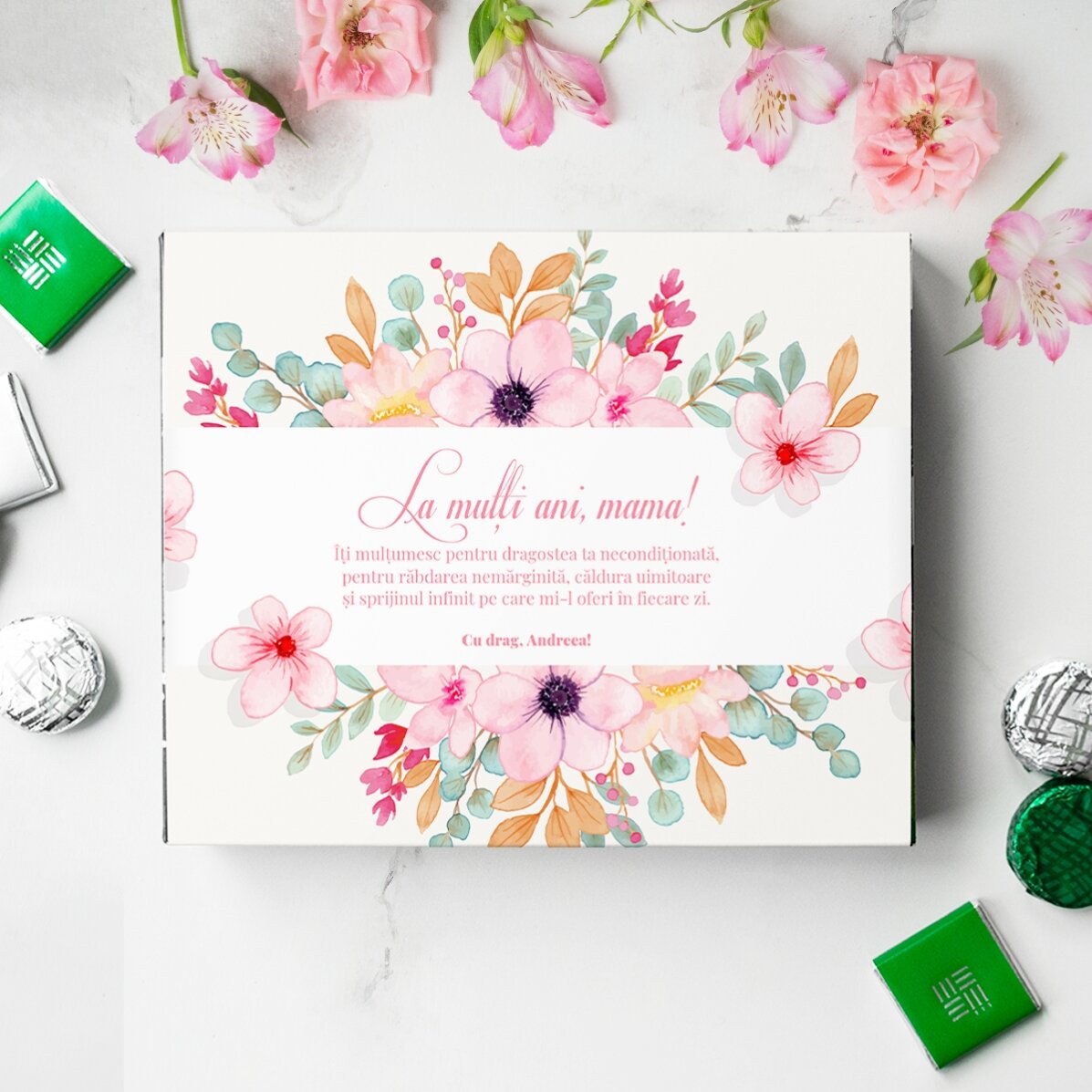 Cutie de bomboane personalizată cu text pentru mama - La mulți ani, mama!