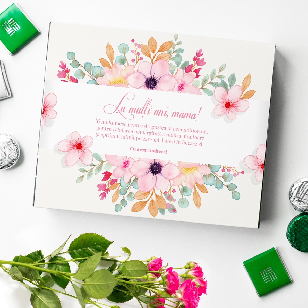 Cutie de bomboane personalizată cu text pentru mama - La mulți ani, mama!