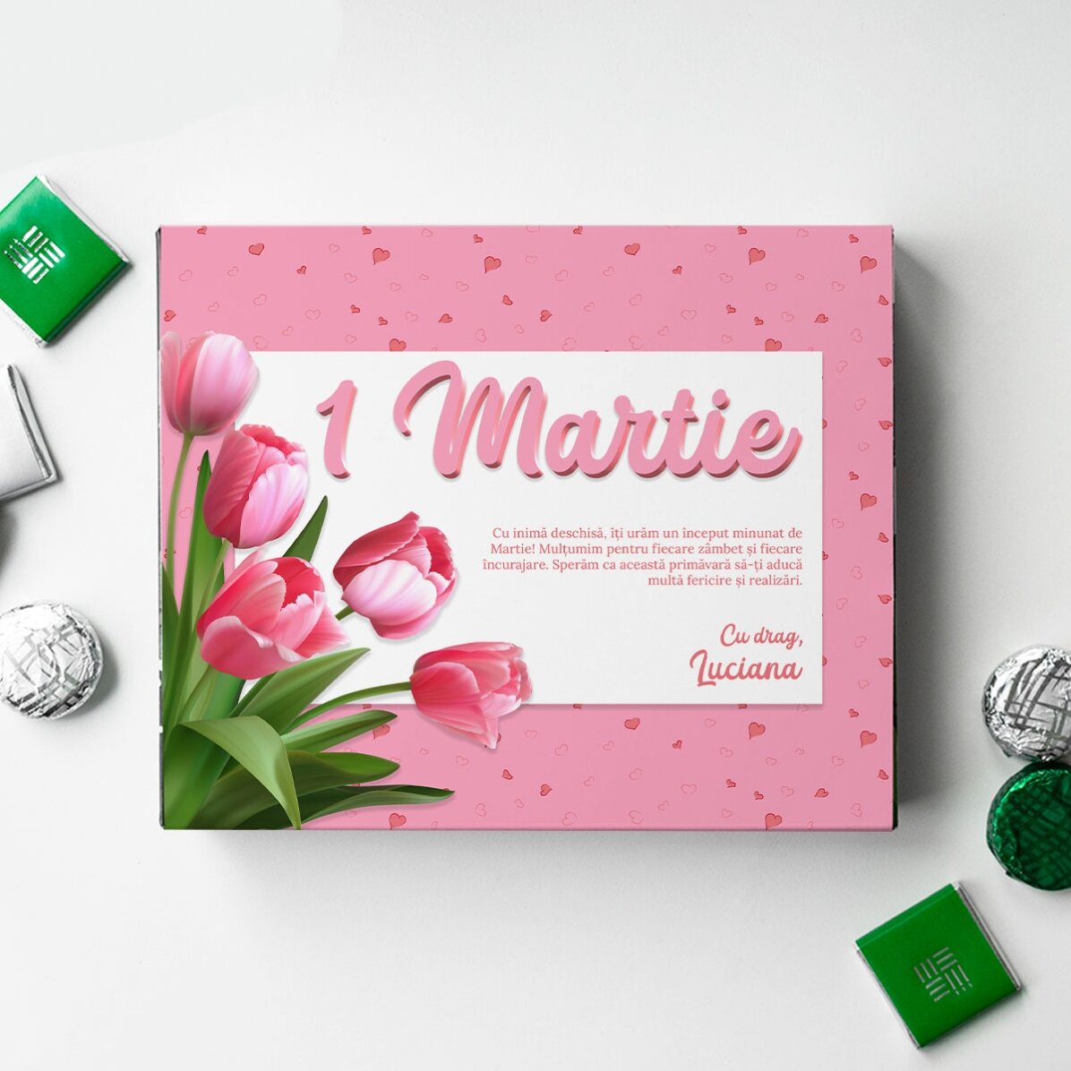 Personalised candy box with text - Pink tulips