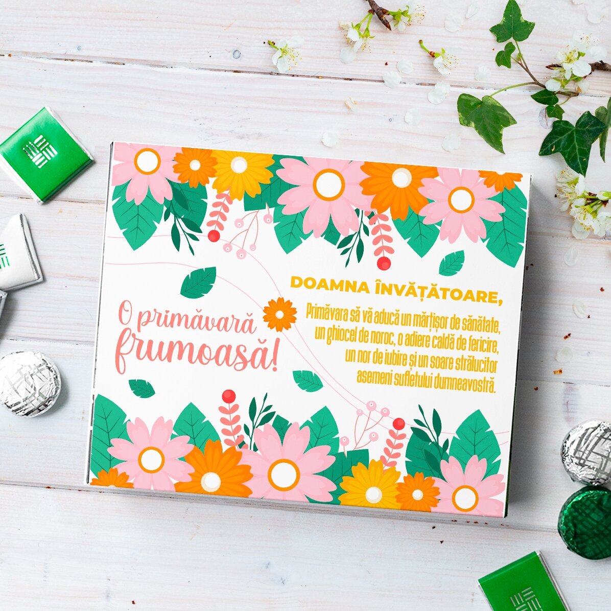 Cutie de bomboane personalizată cu text - Primăvară înflorită
