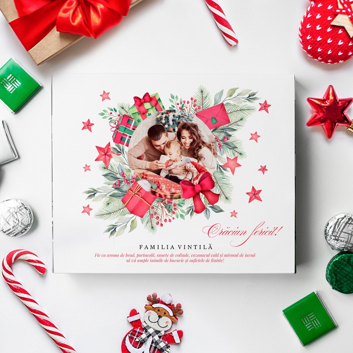 Cutie de bomboane personalizată cu text și poză - Urare de Crăciun
