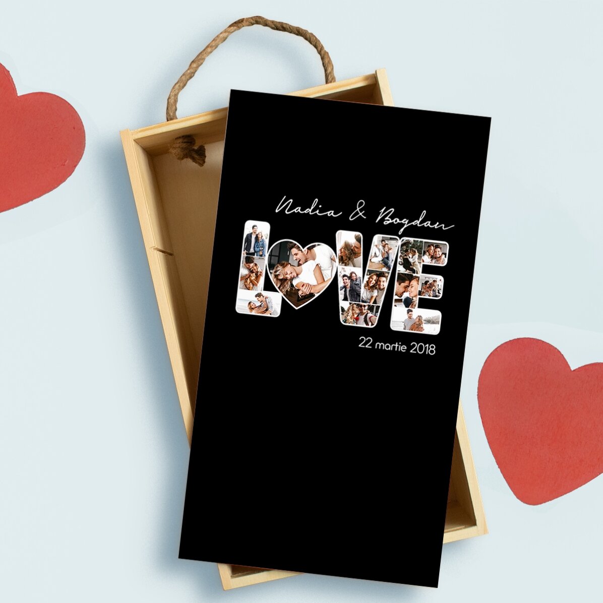 Cutie de cadou din lemn personalizată cu 14 poze și text - Love