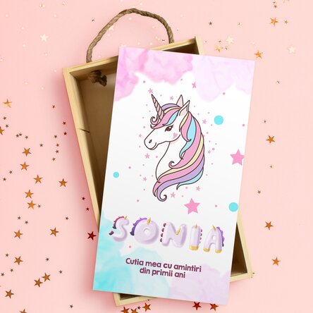 Cutie de cadou din lemn personalizată cu mesaj - Unicorn special