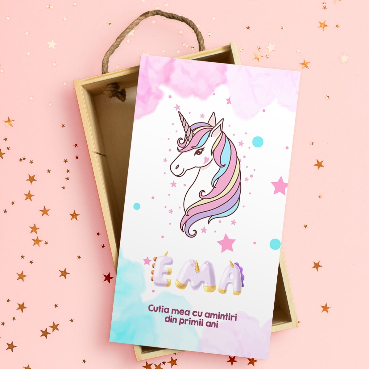 Cutie de cadou din lemn personalizată cu mesaj - Unicorn special