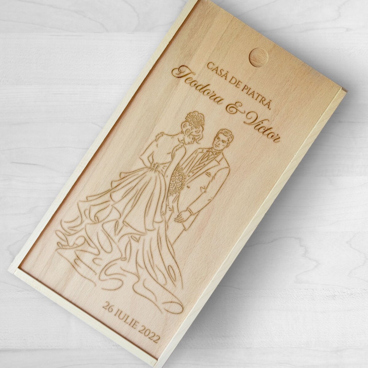 Cutie de cadou personalizată din lemn cu mesaj - Casă de piatră