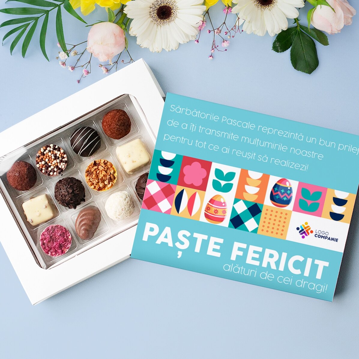 Cutie de trufe personalizată cu mesaj și logo - Îți mulțumim!