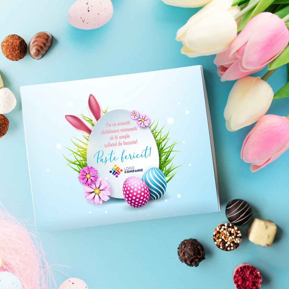 Cutie de trufe personalizată cu text și logo - Paște fericit