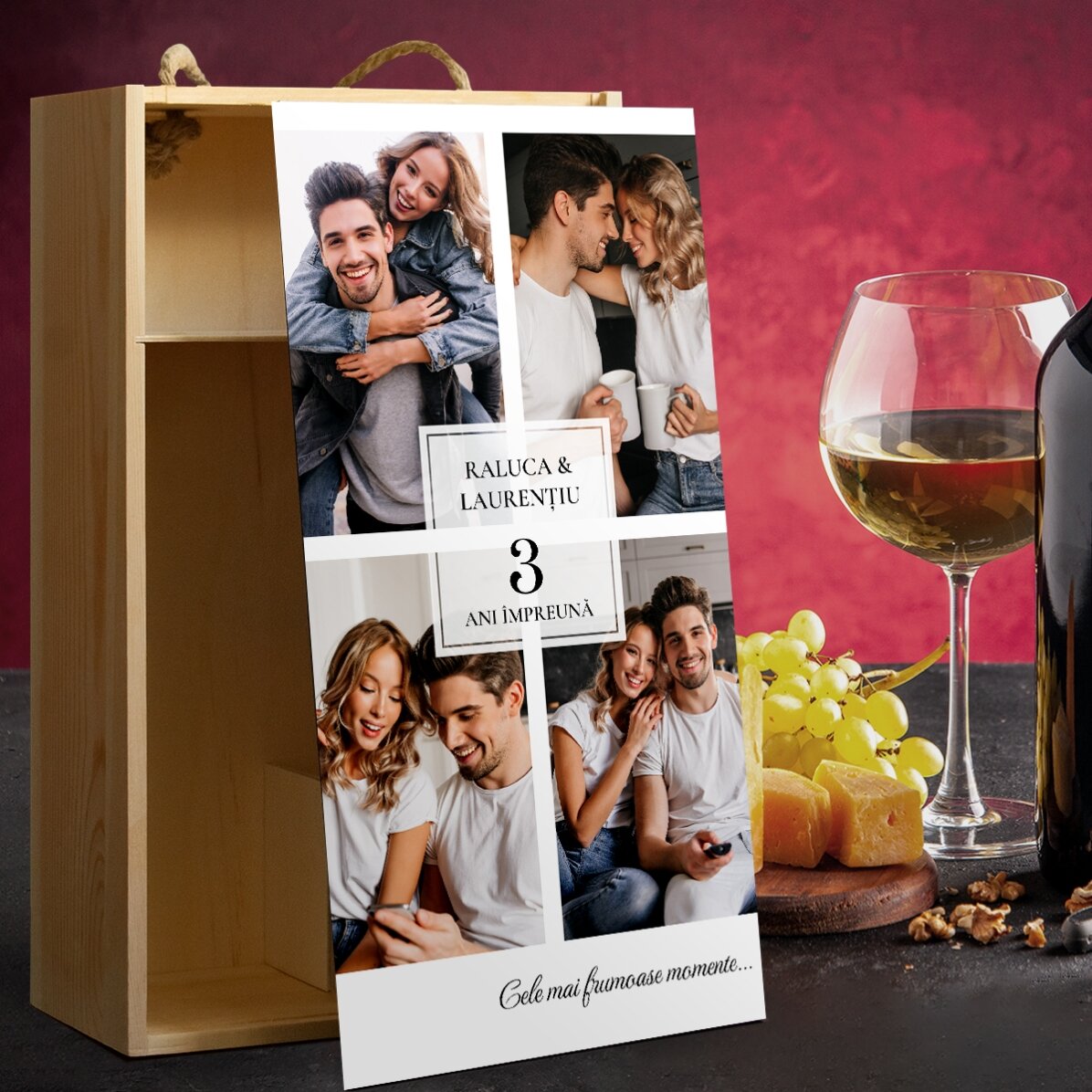 Cutie de vin pentru 2 sticle personalizată cu 4 poze și text - La mulți ani
