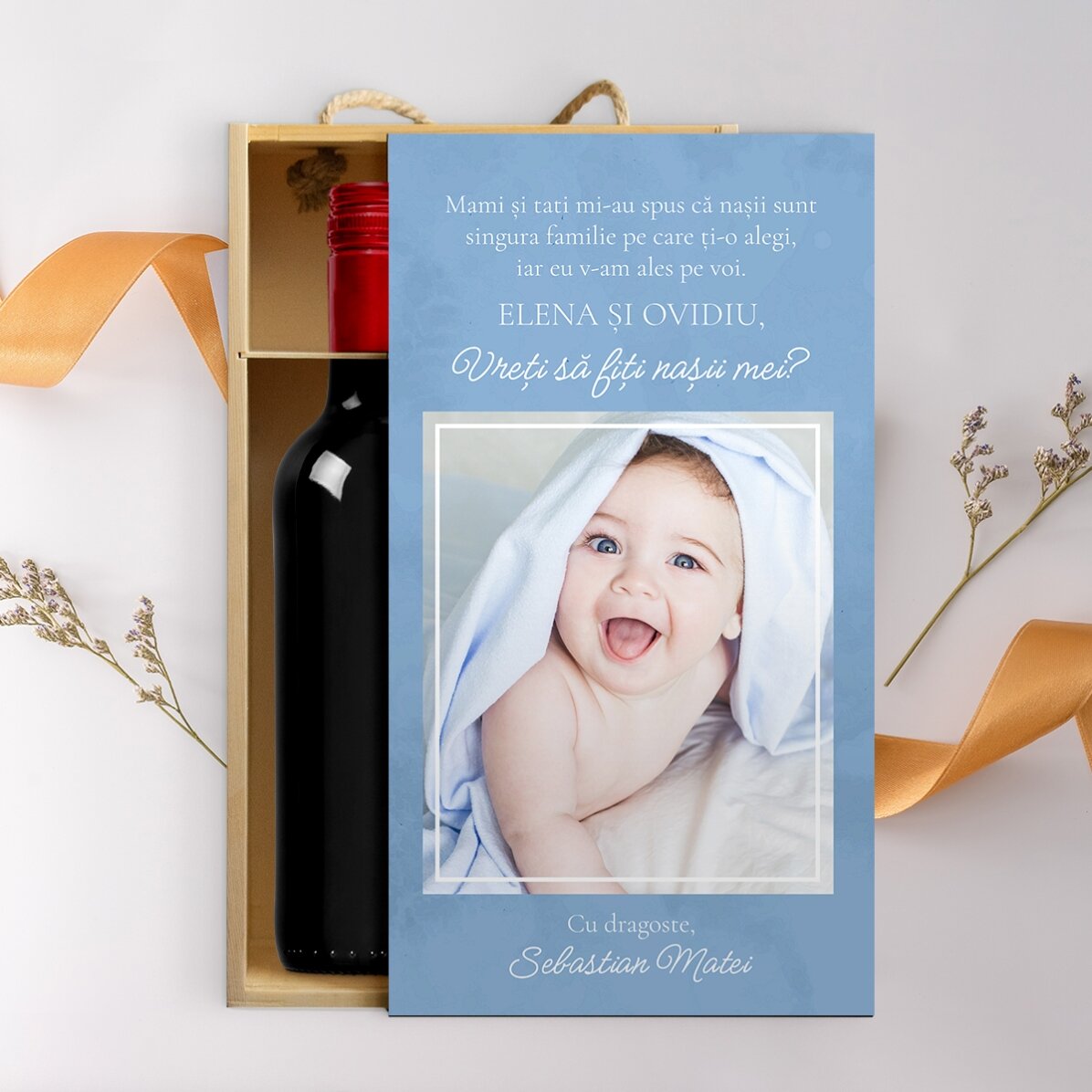 Cutie de vin pentru 2 sticle personalizată cu o poză și mesaj - Cu drag