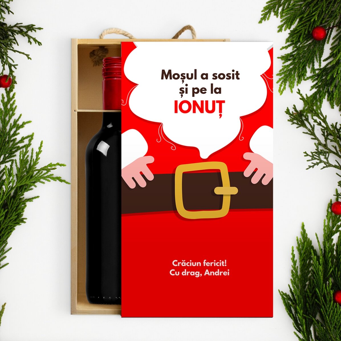 Cutie de vin pentru 2 sticle personalizată cu mesaj - Moșul a sosit