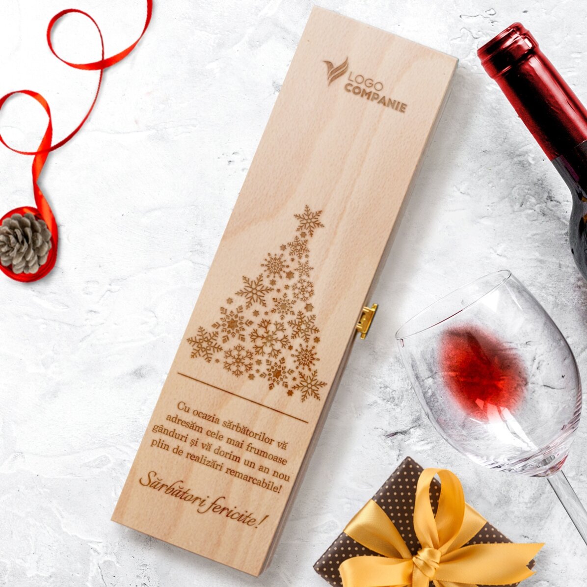Cutie de vin personalizată cu logo și mesaj - Crăciun fericit!