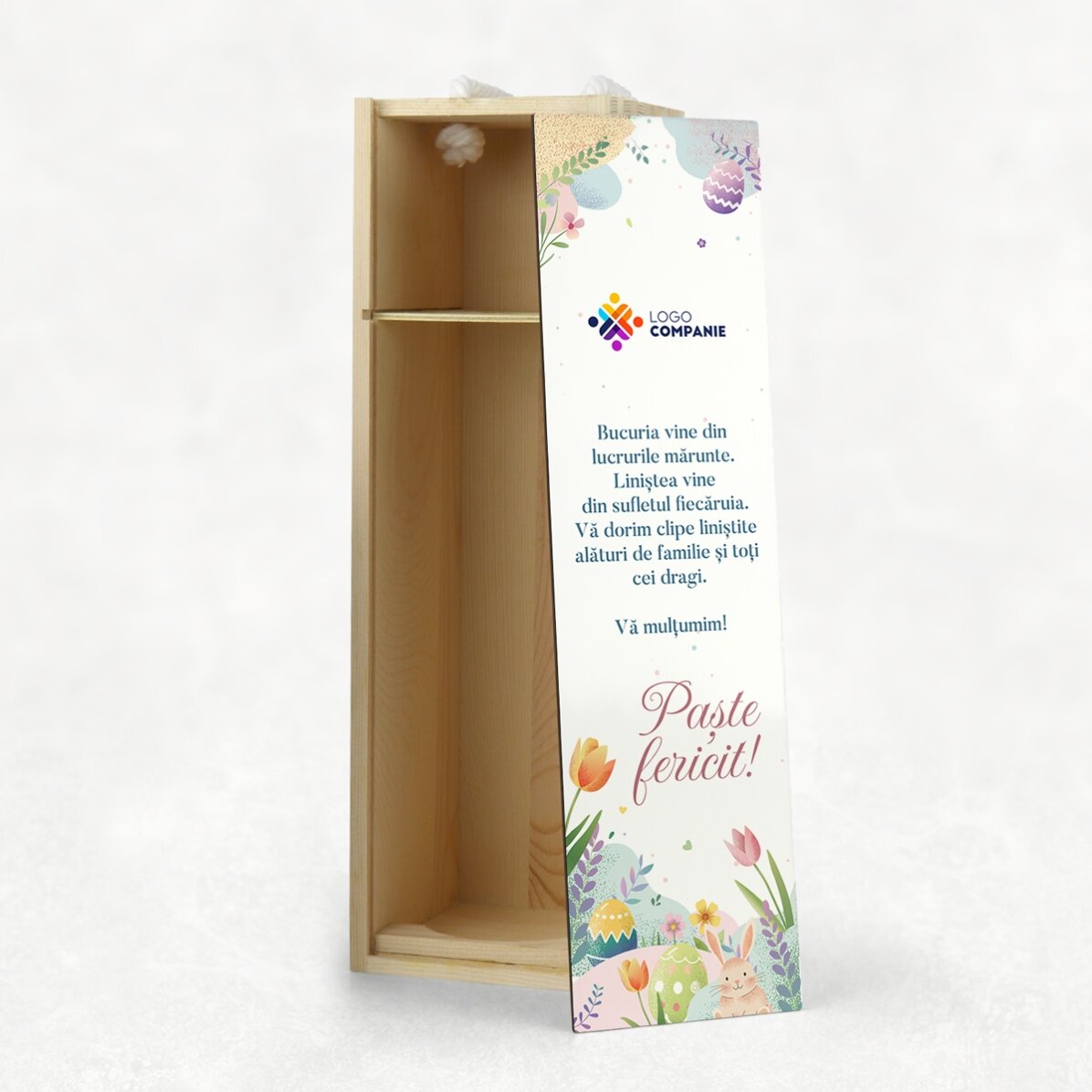 Cutie de vin personalizată cu logo și mesaj de Paște