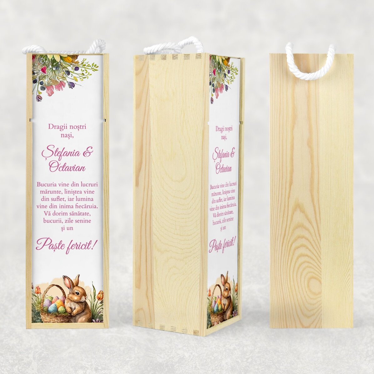 Cutie de vin personalizată cu mesaj de Paște