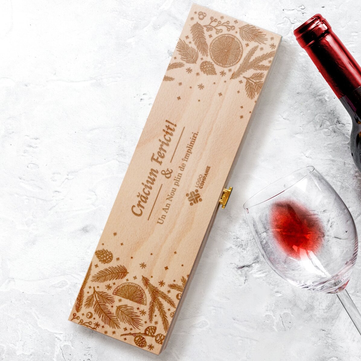 Cutie de vin personalizată cu mesaj și logo - Merry Christmas
