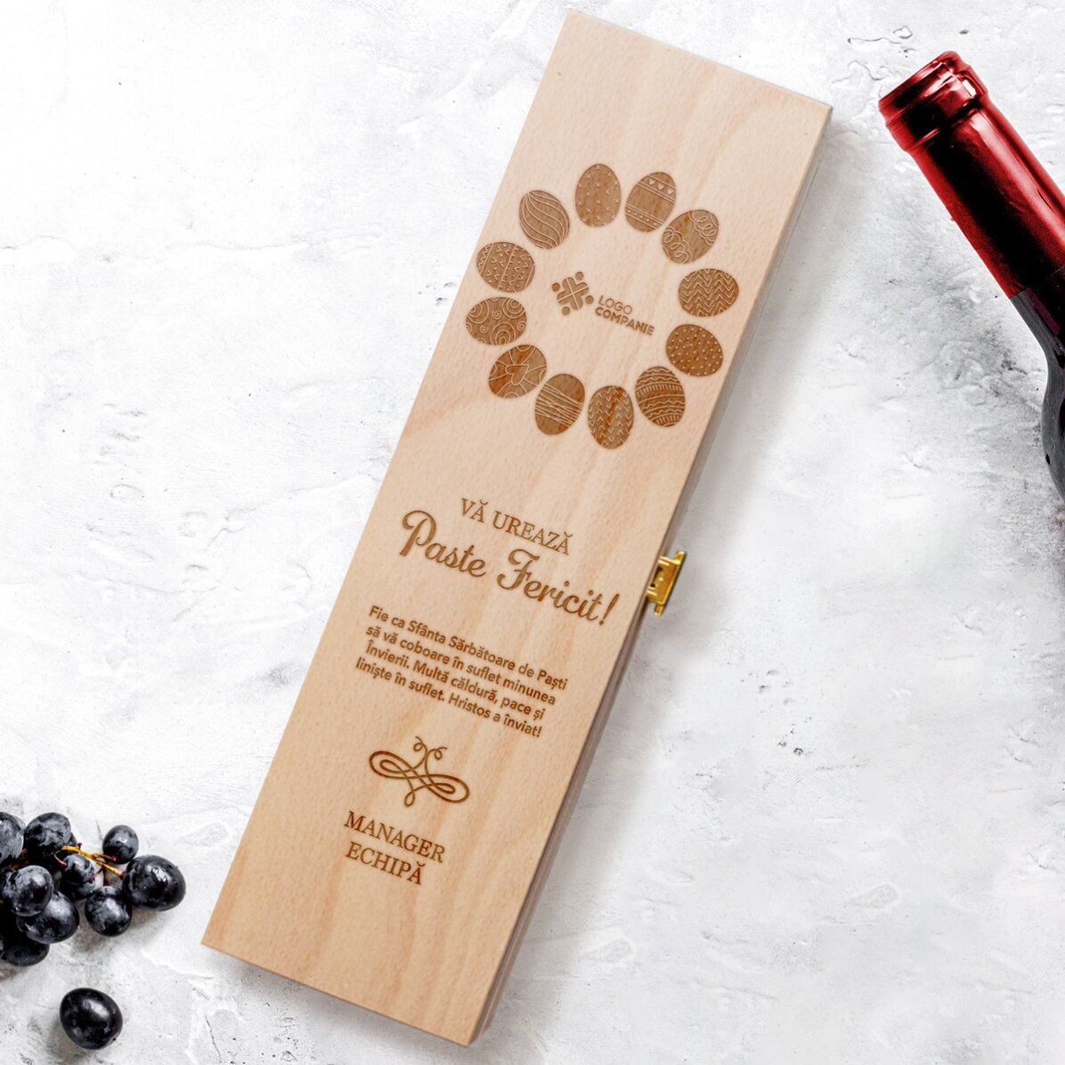 Cutie de vin personalizată cu text și logo - Eggcellent Easter