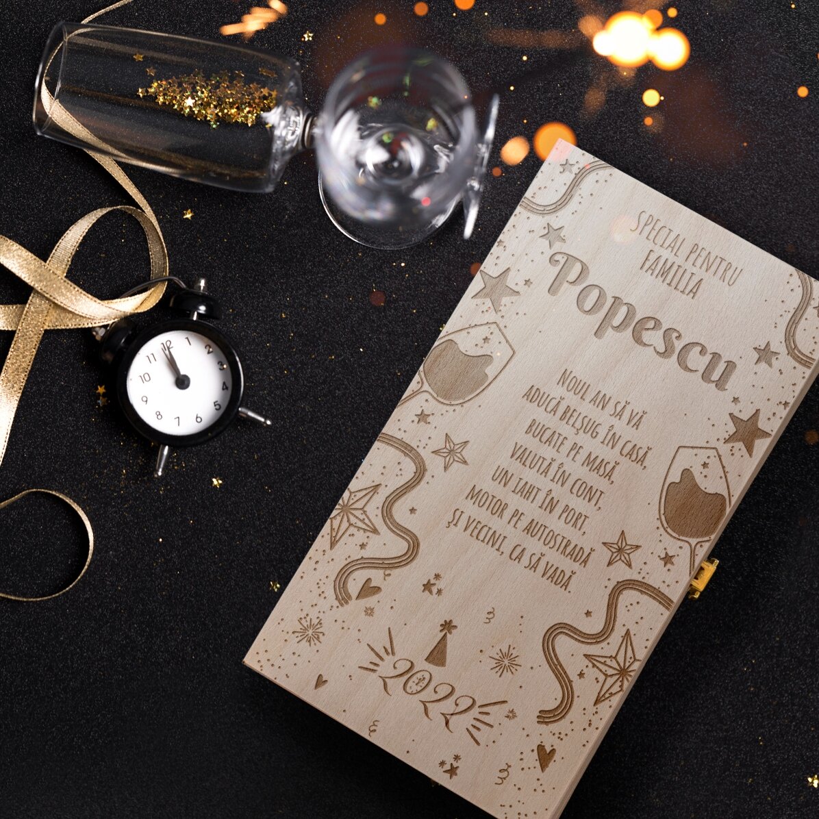 Cutie de vin personalizată pentru două sticle cu mesaj - Anul nou