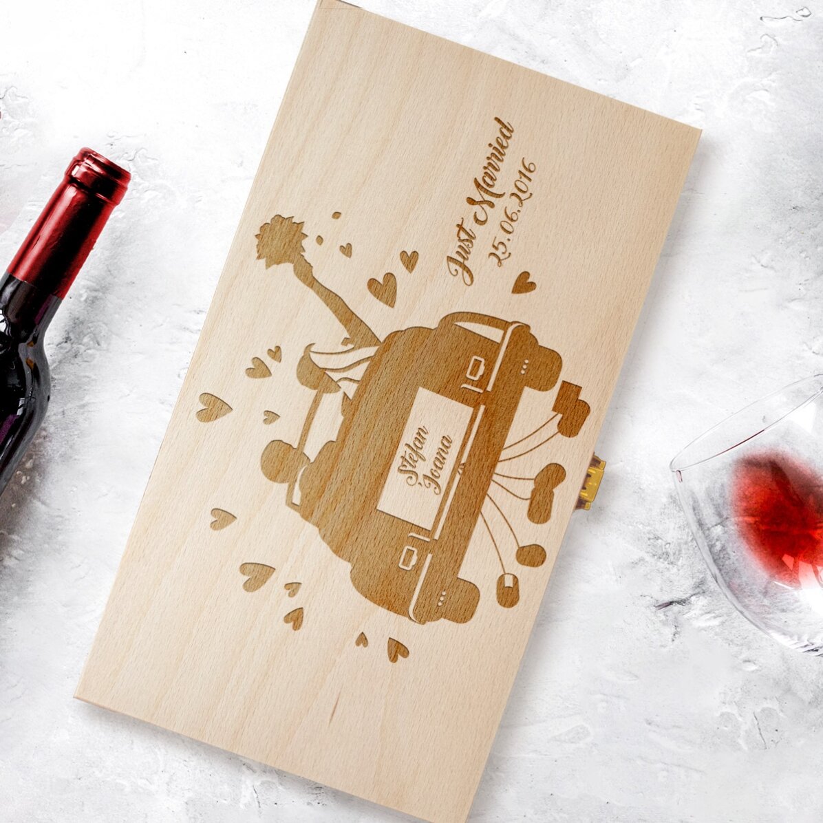 Cutie de vin personalizată pentru două sticle - Just Married 