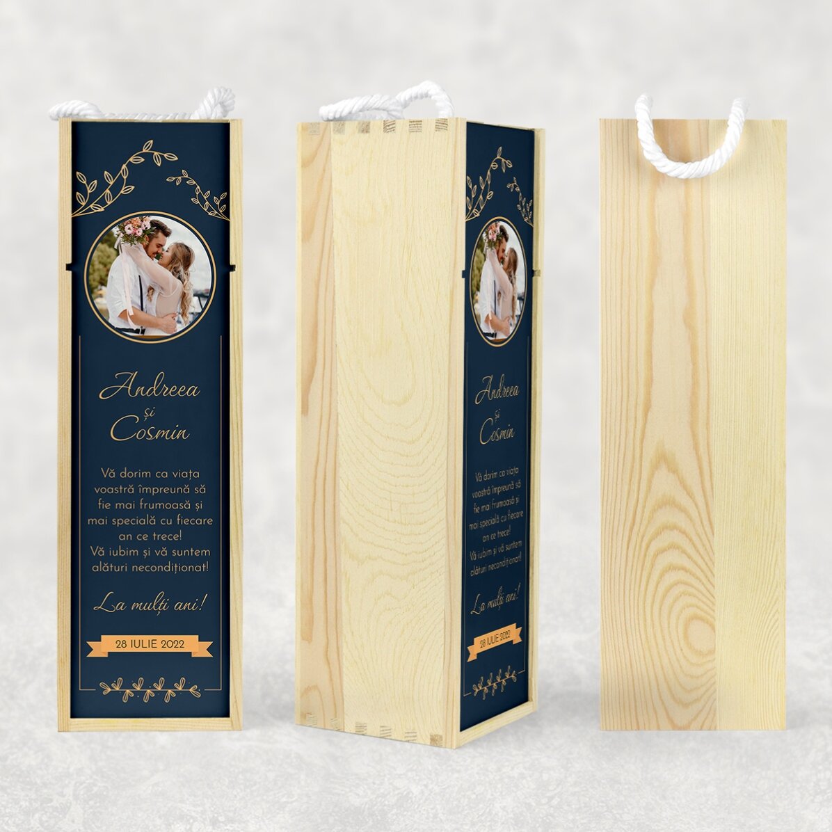 Cutie de vin personalizată cu poză și text - Aniversare