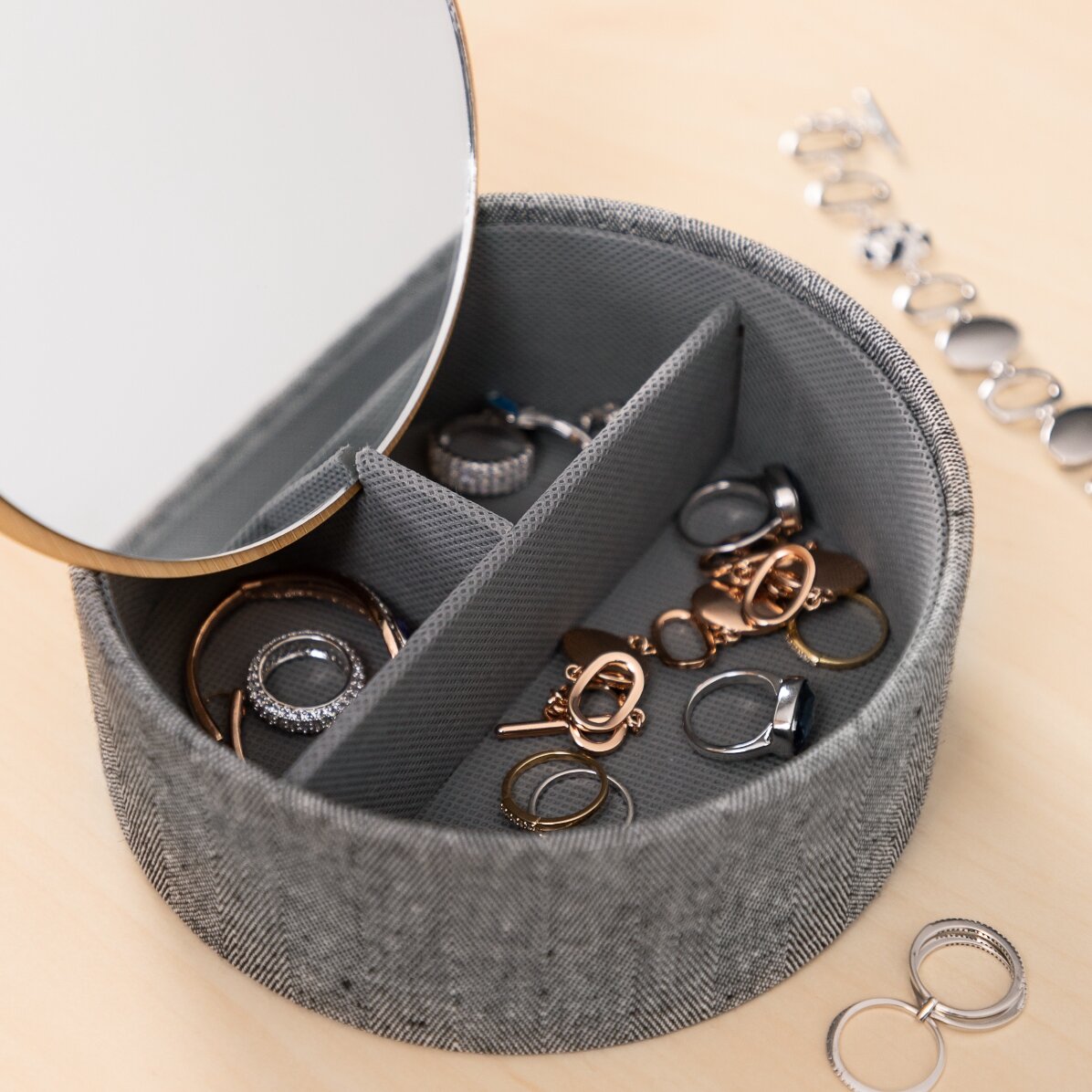 Bamboo jewellery box with organiser and mirror