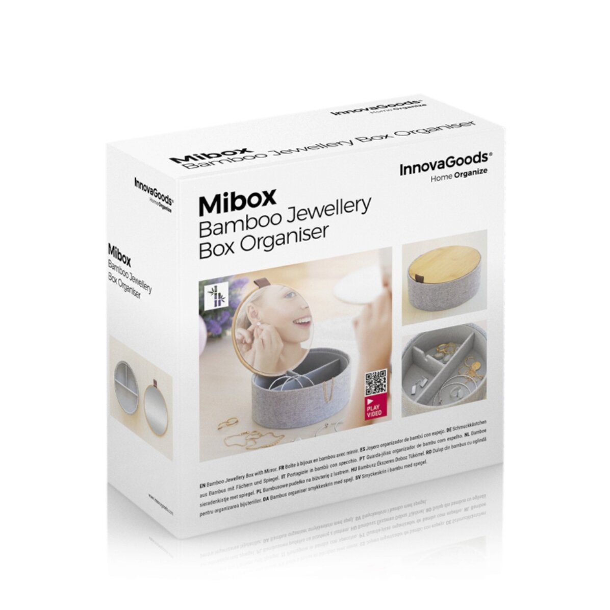 Bamboo jewellery box with organiser and mirror