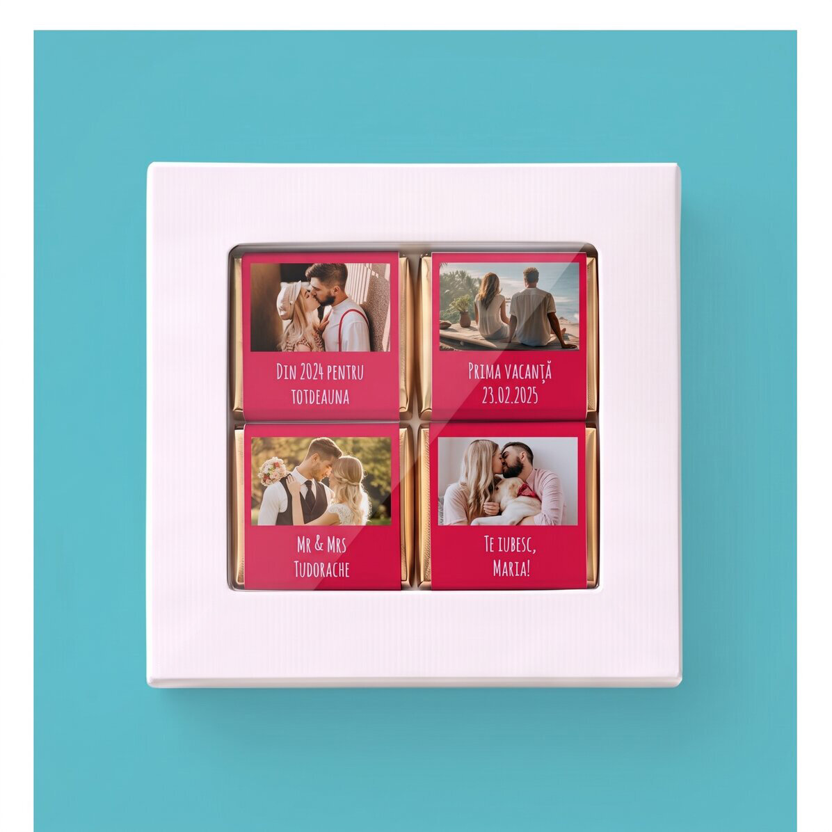 Gift boxes containing personalised mini chocolates