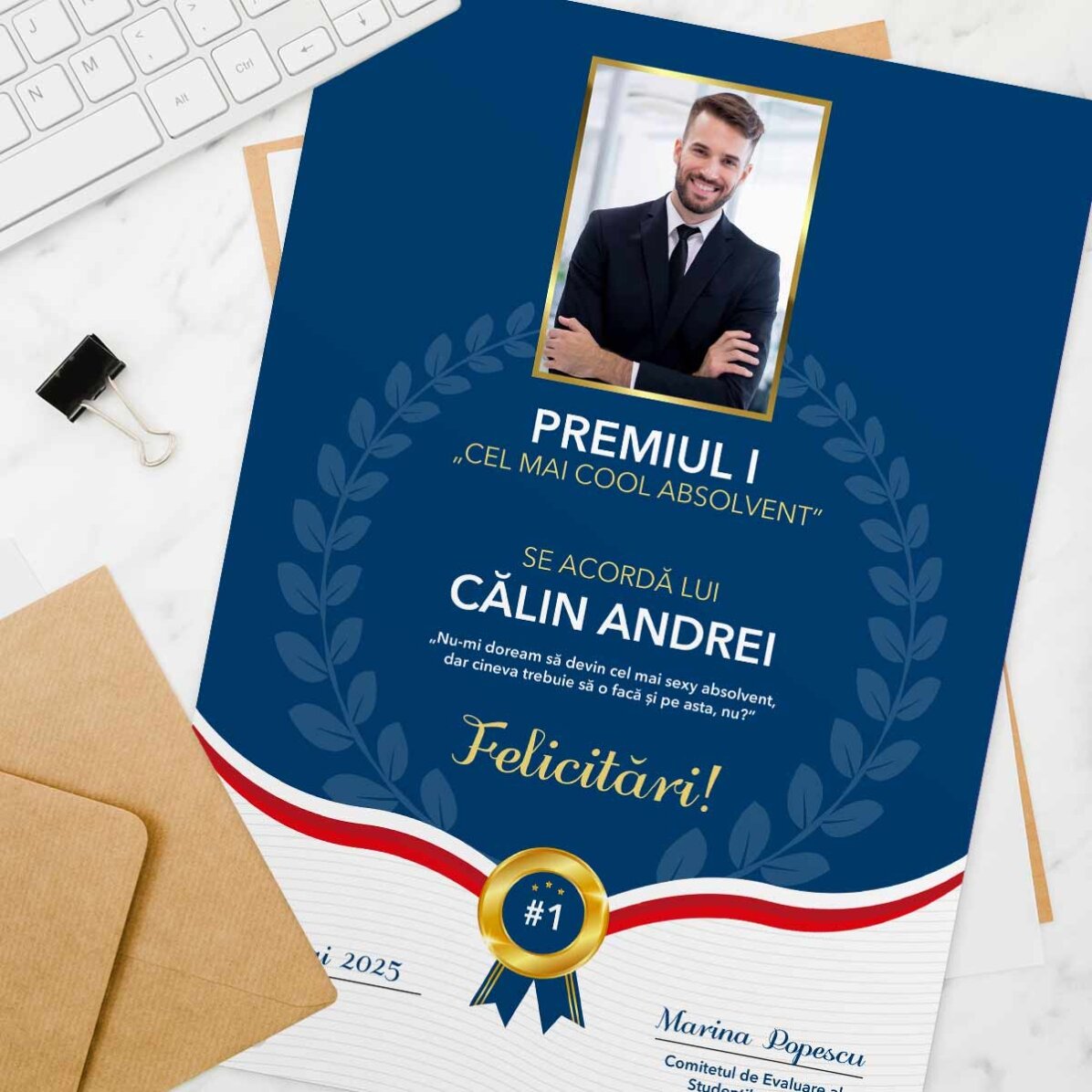 Diplomă personalizată cu poză și text - Cel mai bun absolvent