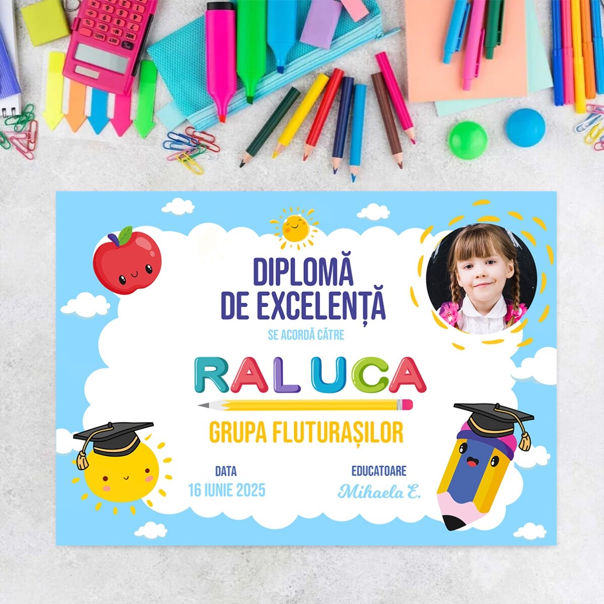 Diplomă personalizată cu text și poză - Diplomă de excelență pentru copii