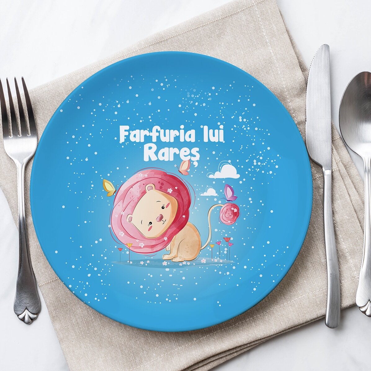 Farfurie albastră personalizată cu text