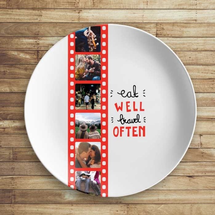 Farfurie personalizată cu 6 poze - Eat well, travel often