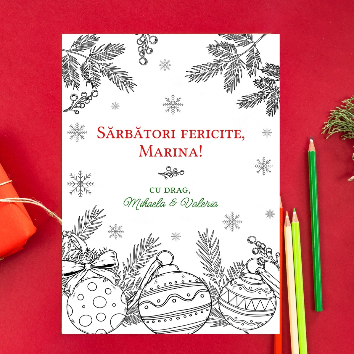 Felicitare de colorat personalizată cu mesaj - Crăciun