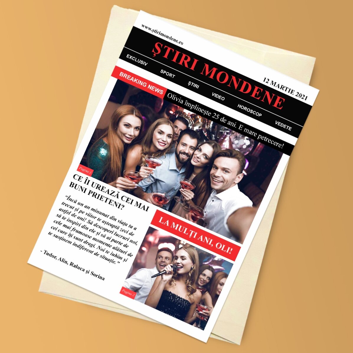 Funny magnetic greeting card personalised with 2 photos and text - Breaking news