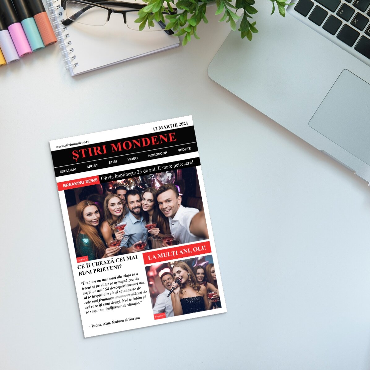 Funny magnetic greeting card personalised with 2 photos and text - Breaking news