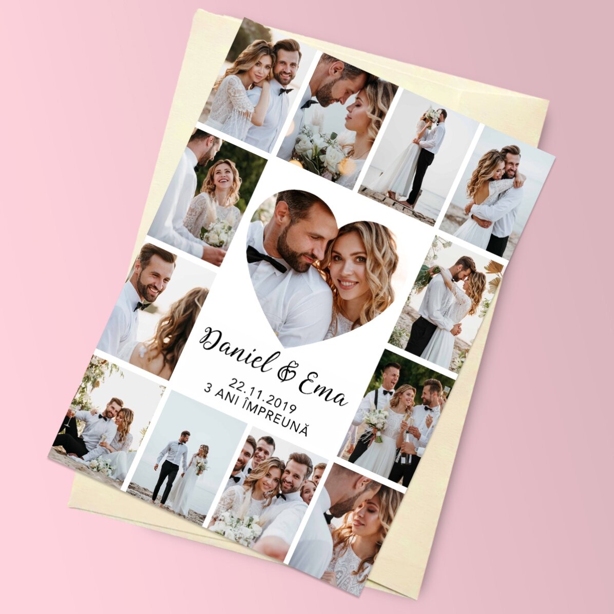 Personalised magnetic greeting card with 13 photos and text for relationship anniversary