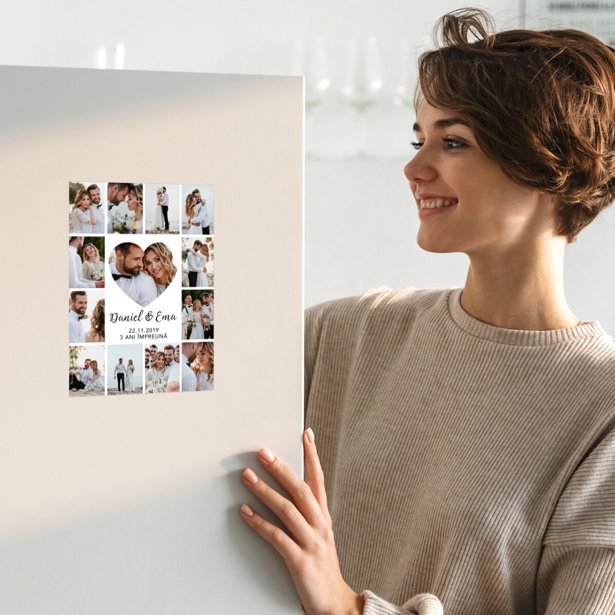 Personalised magnetic greeting card with 13 photos and text for relationship anniversary