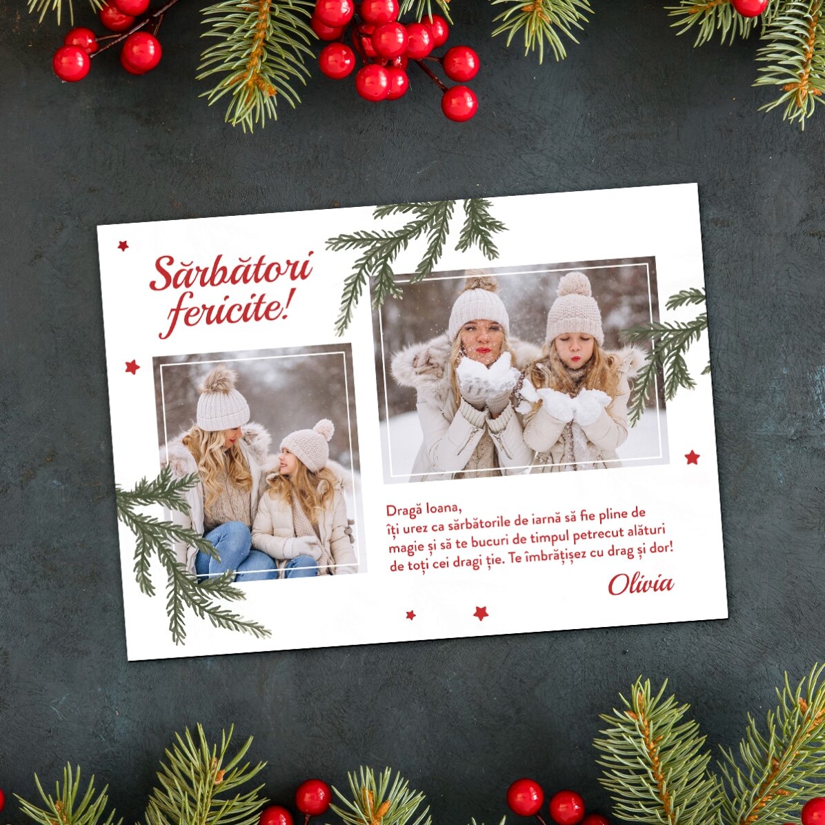 Felicitare magnetică personalizată cu 2 poze și mesaj de Crăciun 