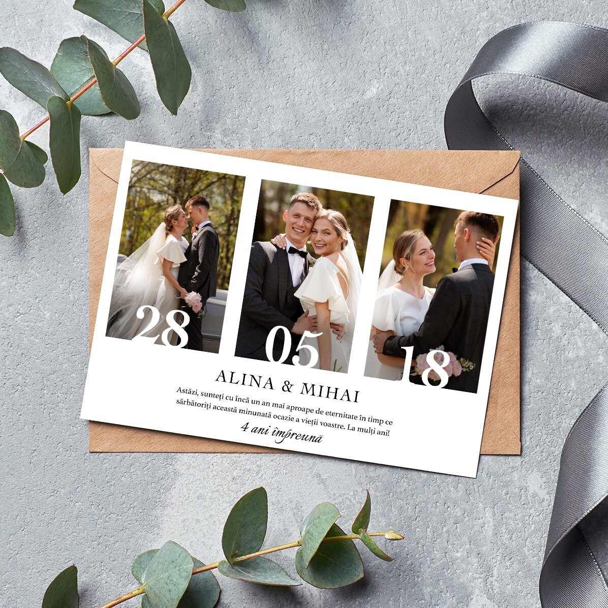 Felicitare magnetică personalizată cu 3 poze și text pentru aniversare căsătorie
