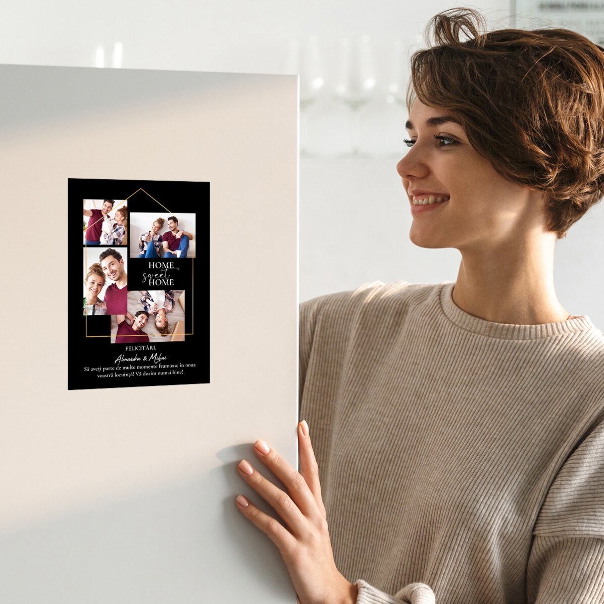 Felicitare magnetică personalizată cu 4 poze și text pentru casă nouă