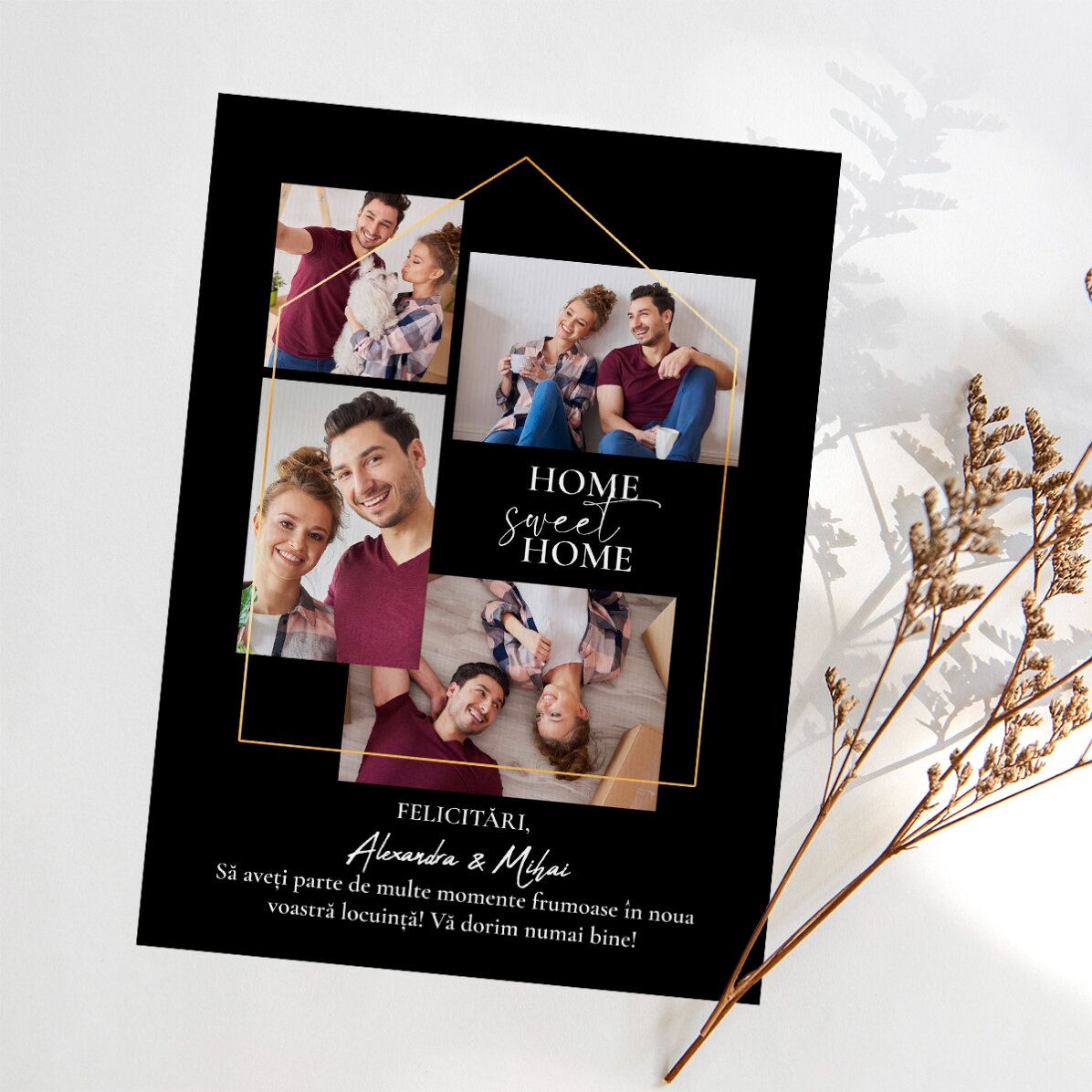 Felicitare magnetică personalizată cu 4 poze și text pentru casă nouă