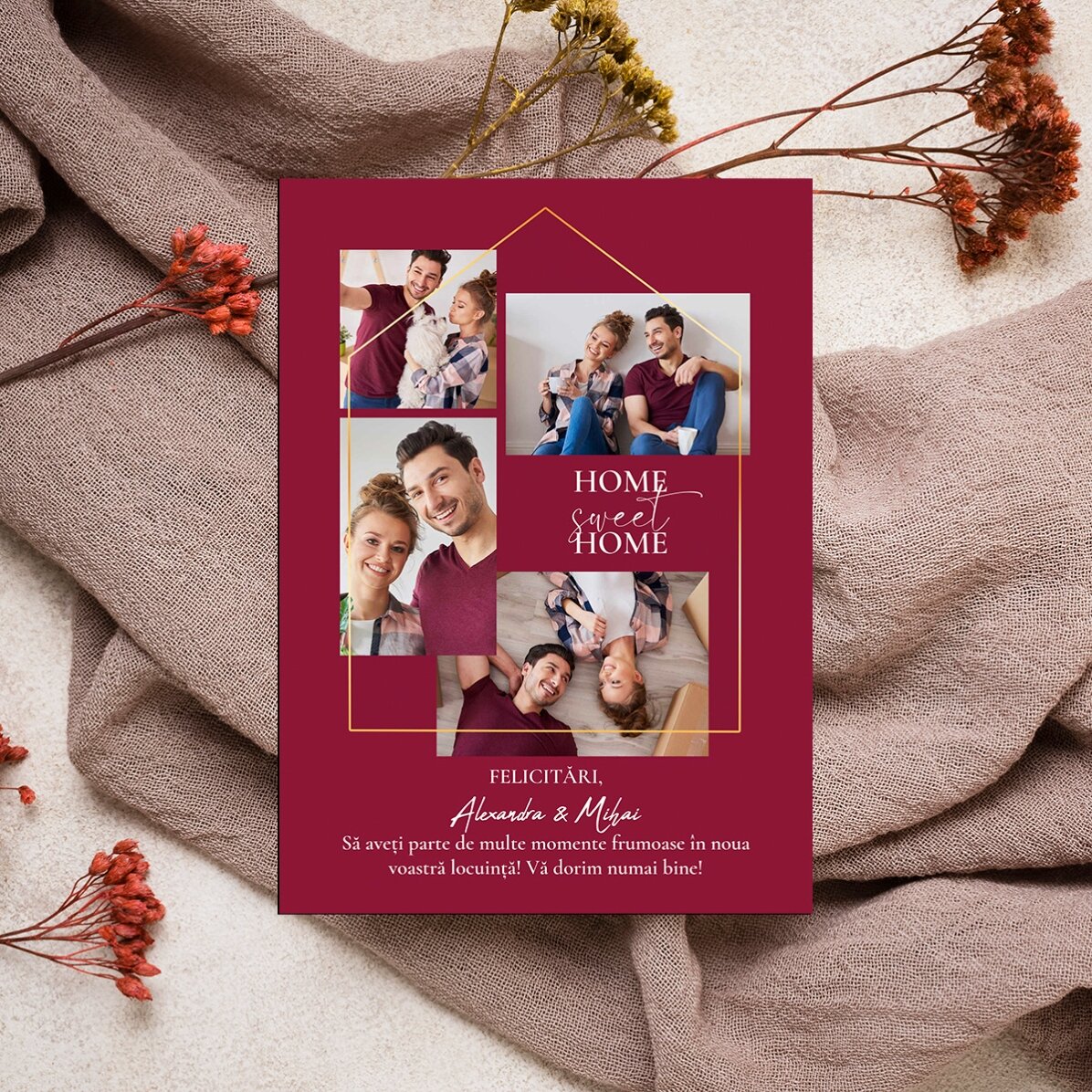 Felicitare magnetică personalizată cu 4 poze și text pentru casă nouă